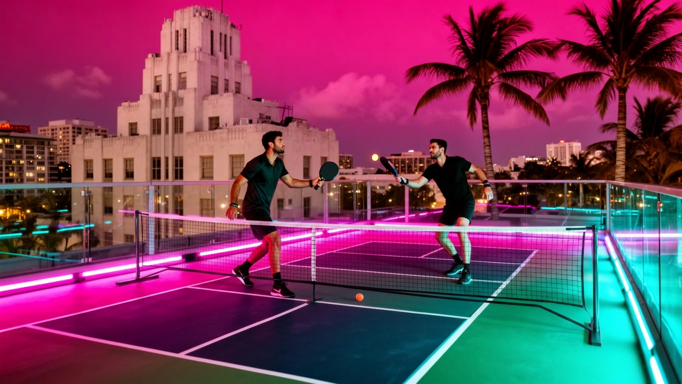 Modern court at sunset under neon light